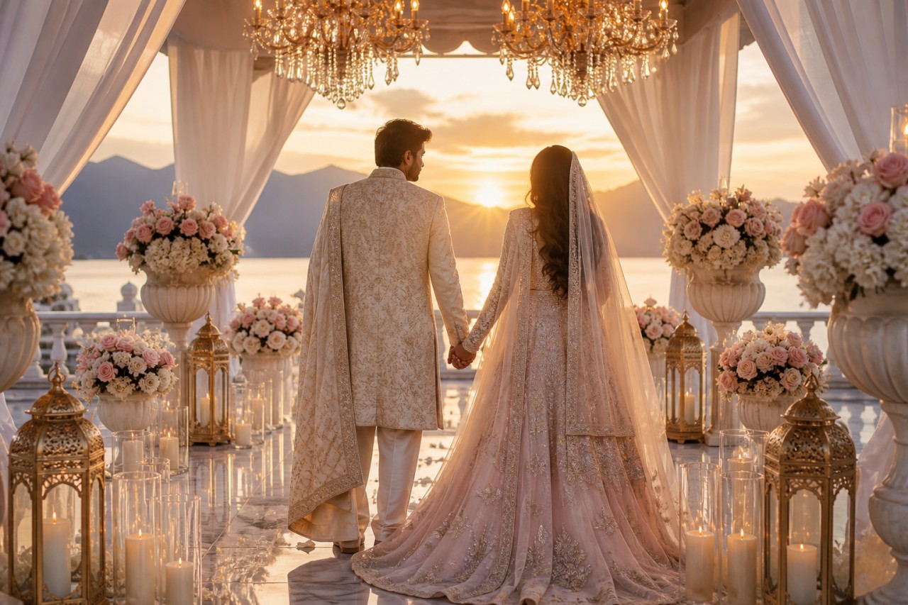 Elegant wedding décor with soft pink roses and gold accents