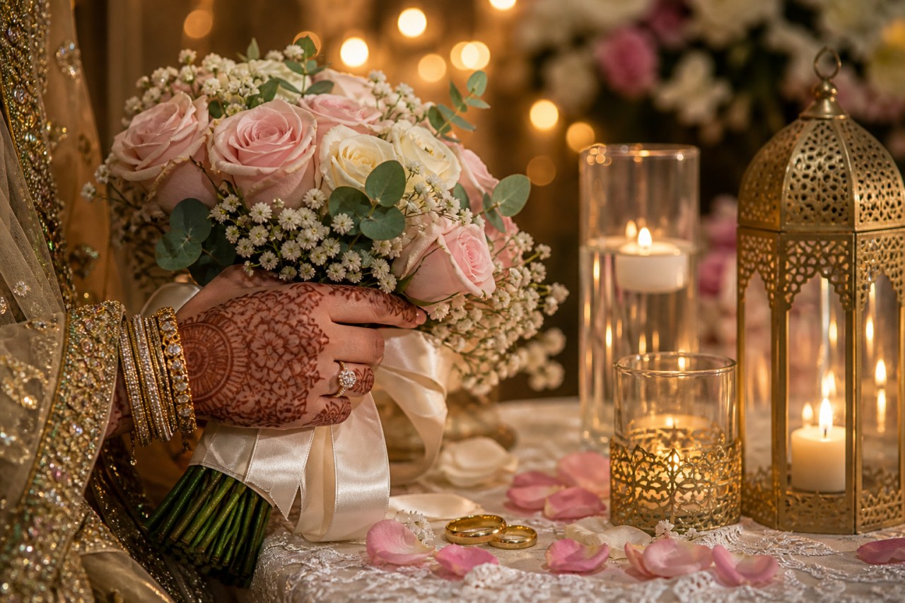 Romantic table setting styled for an Indian Muslim wedding celebration